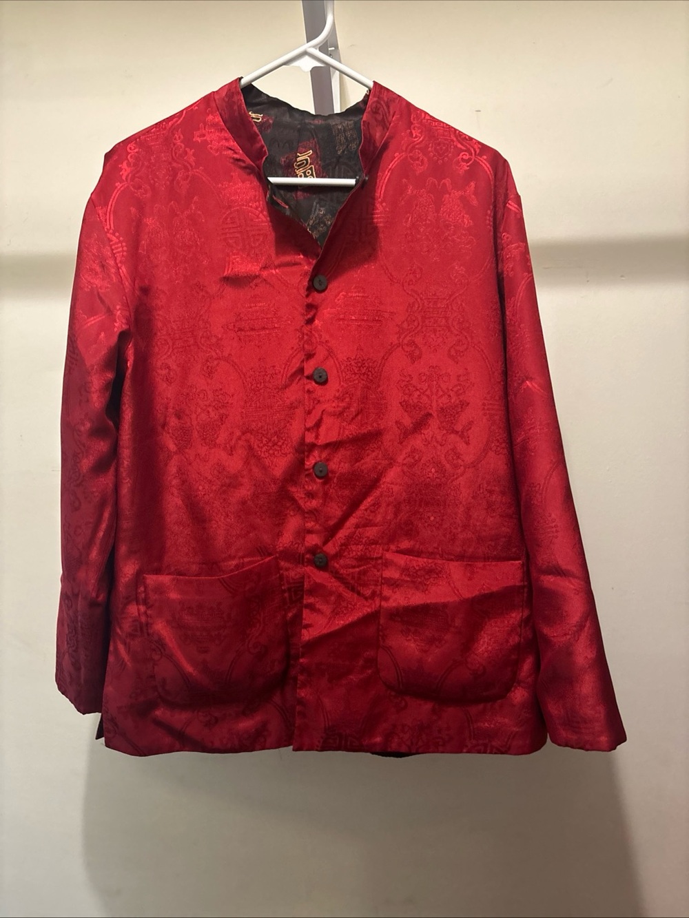 Unisex Reversible Chinese Jacket Red/Black Satin Mandarin-Collar Shirt Jacket